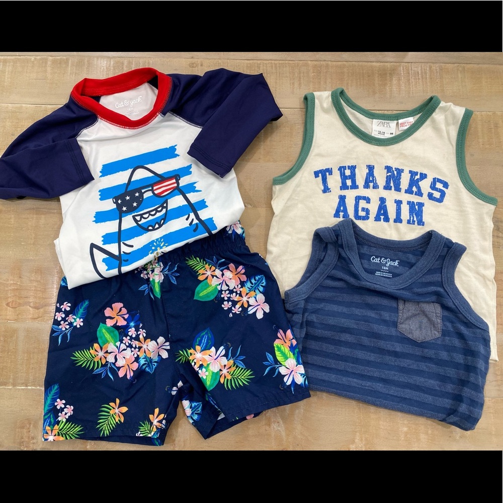 Zara Cat & Jack summer beach baby boy kids set swim trunks rash guard tank tops